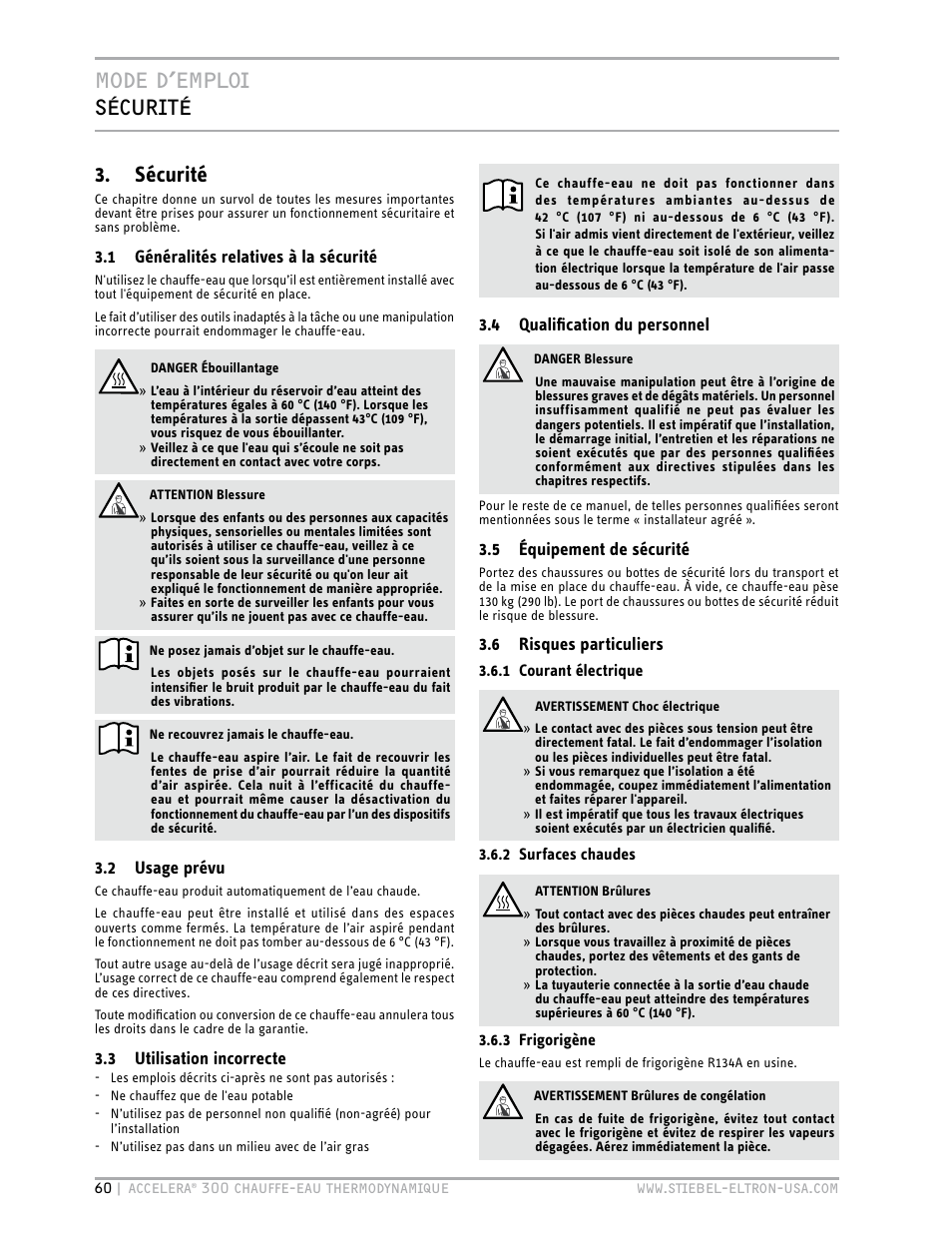 Mode d’emploi sécurité, Sécurité | STIEBEL ELTRON Accelera 300 User Manual | Page 62 / 81