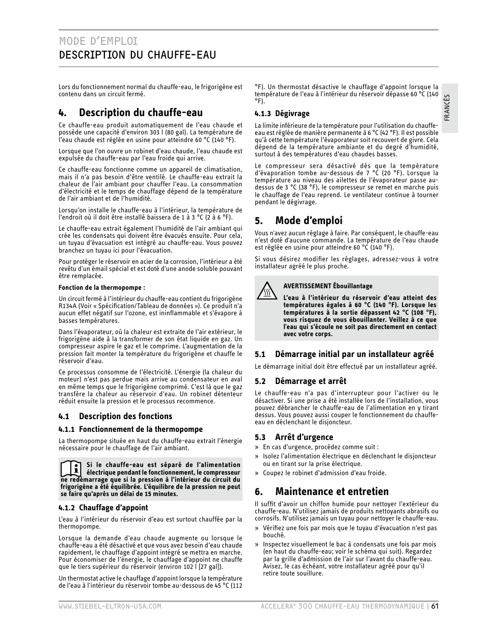 Mode d’emploi description du chauffe-eau, Description du chauffe-eau, Mode d’emploi | Maintenance et entretien | STIEBEL ELTRON Accelera 300 User Manual | Page 63 / 81