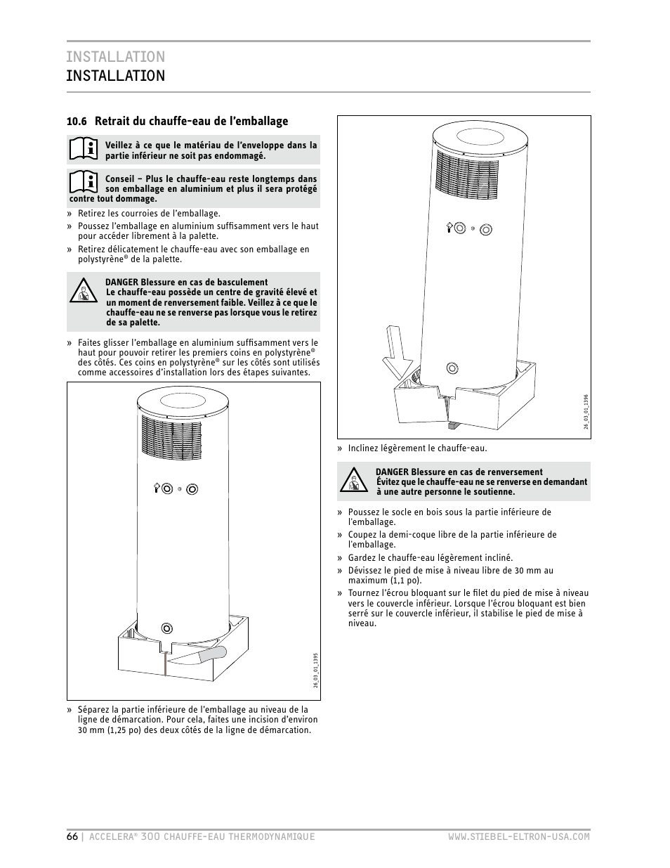 Installation installation, 6 retrait du chauffe-eau de l’emballage | STIEBEL ELTRON Accelera 300 User Manual | Page 68 / 81