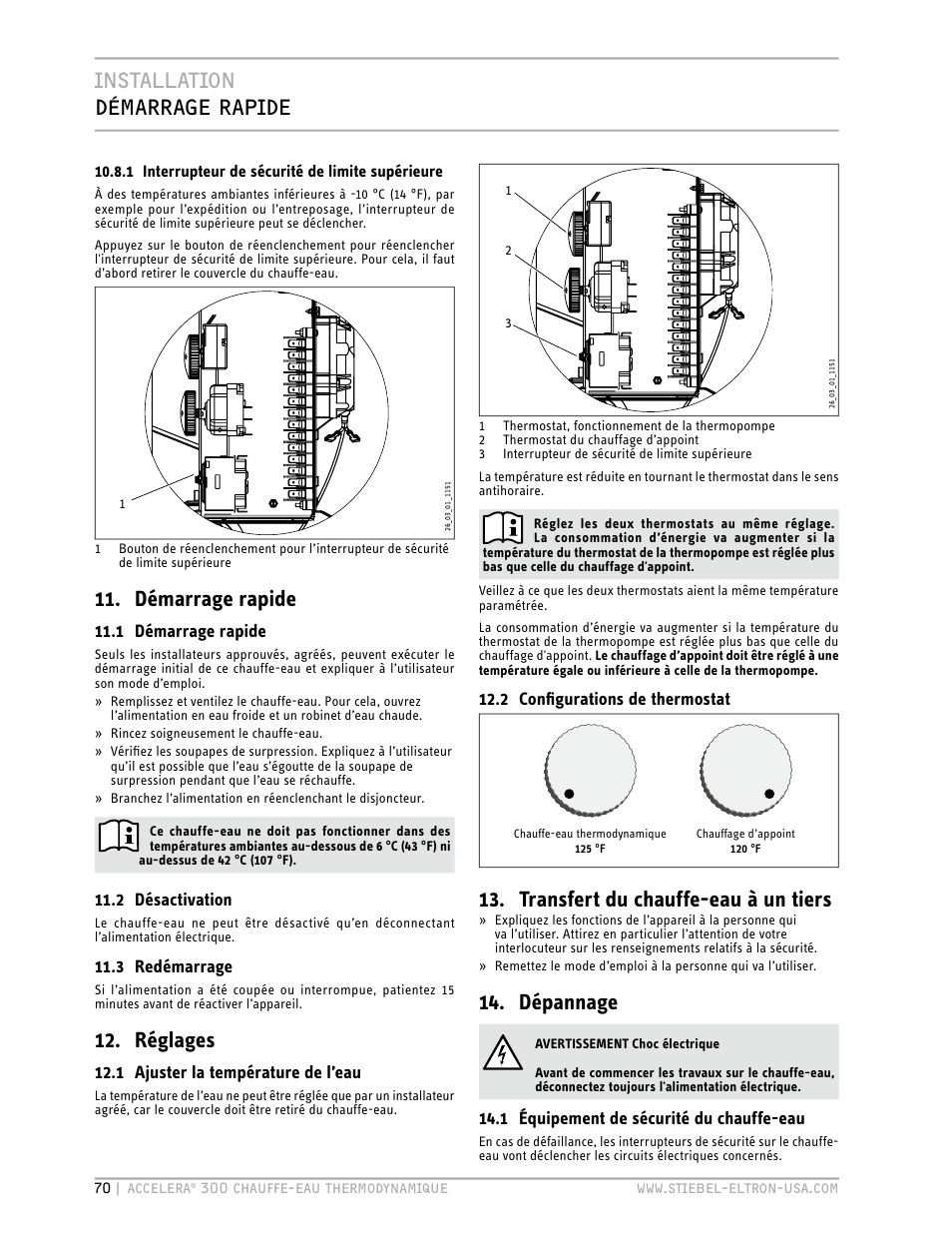 Installation démarrage rapide, Démarrage rapide, Réglages | Transfert du chauffe-eau à un tiers, Dépannage | STIEBEL ELTRON Accelera 300 User Manual | Page 72 / 81