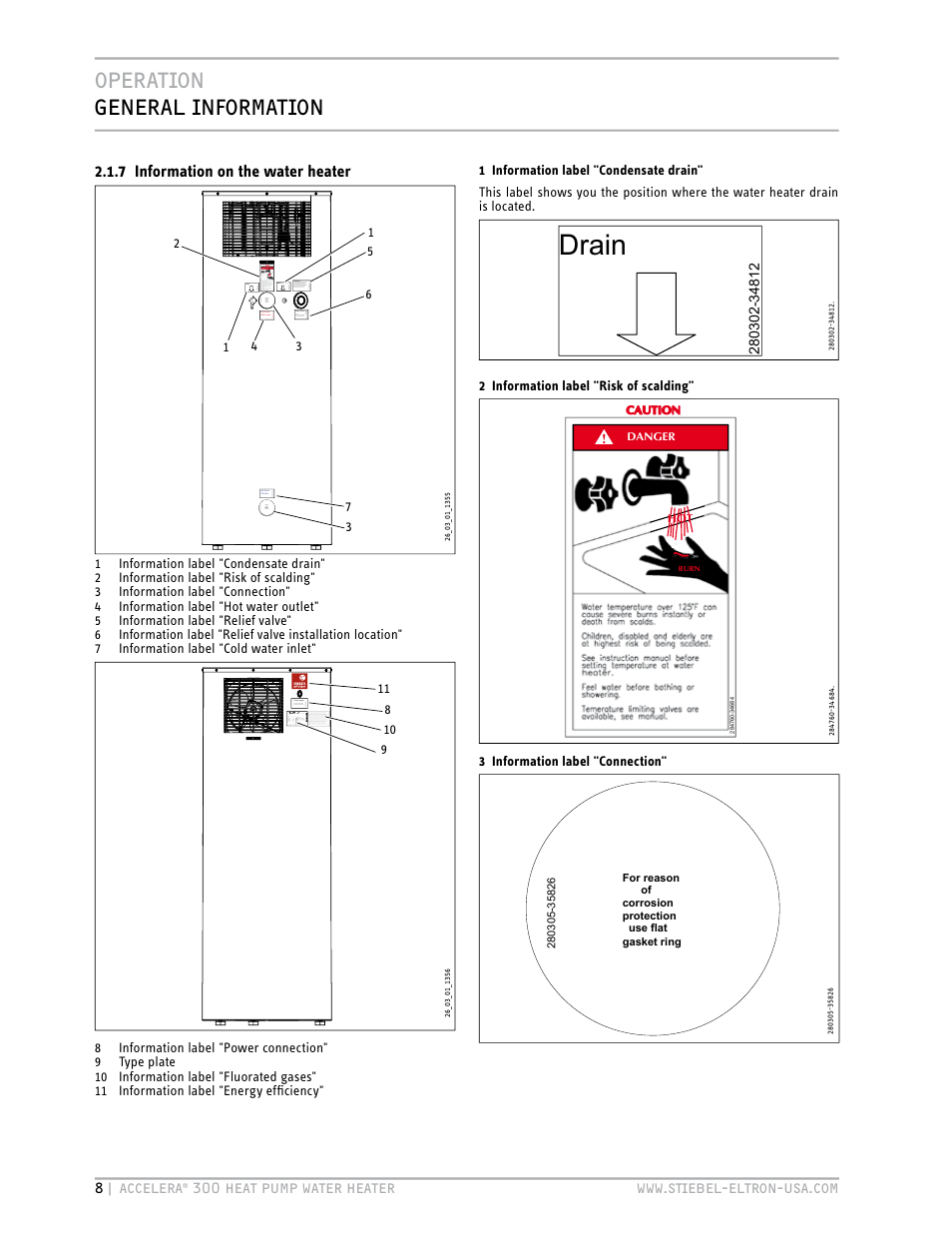 Drain, Operation general information, 7 information on the water heater | STIEBEL ELTRON Accelera 300 User Manual | Page 8 / 81