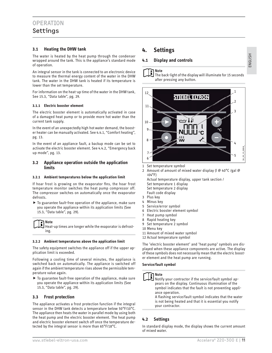 Operation settings, Settings | STIEBEL ELTRON Accelera 300 E User Manual | Page 11 / 92