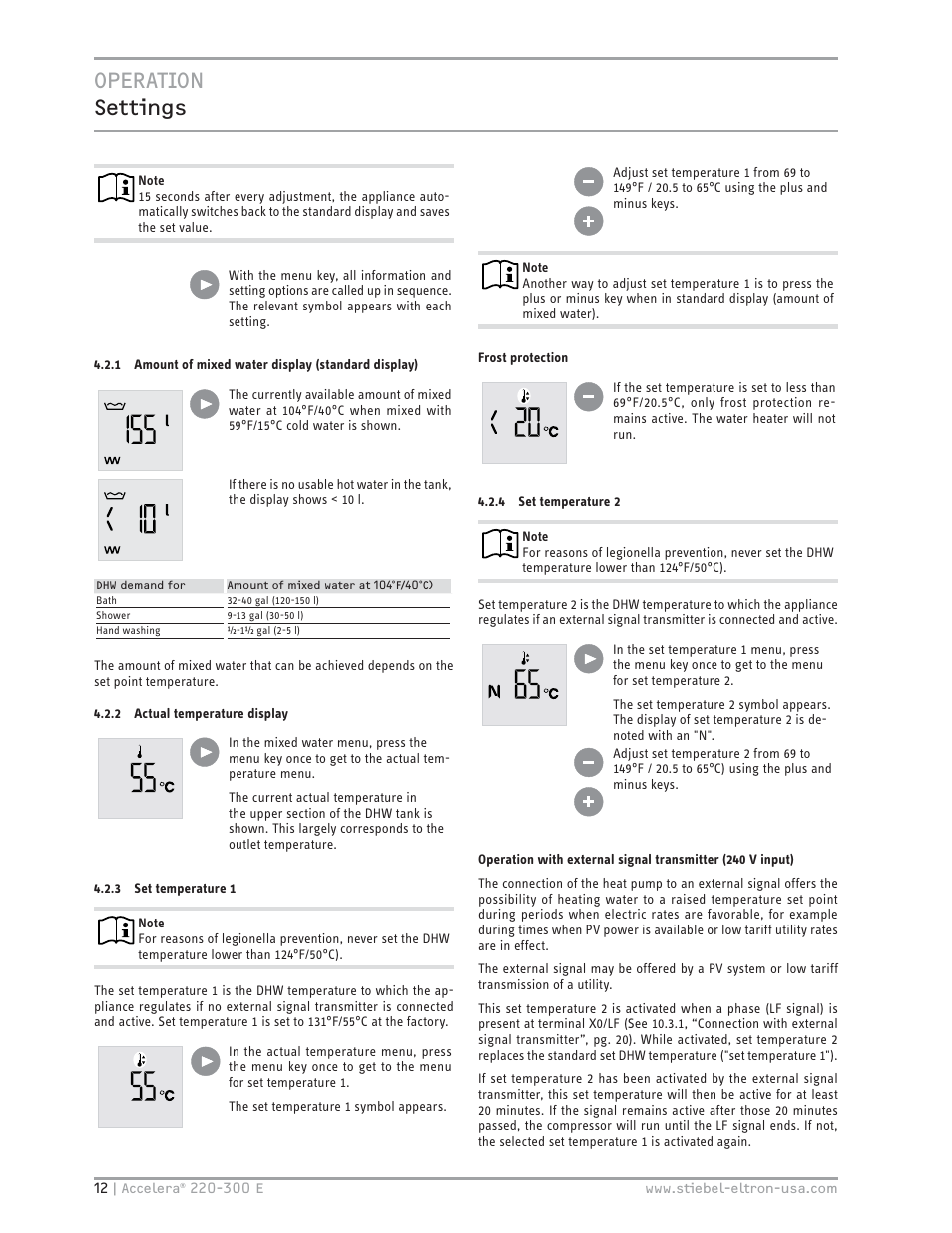 Operation settings | STIEBEL ELTRON Accelera 300 E User Manual | Page 12 / 92