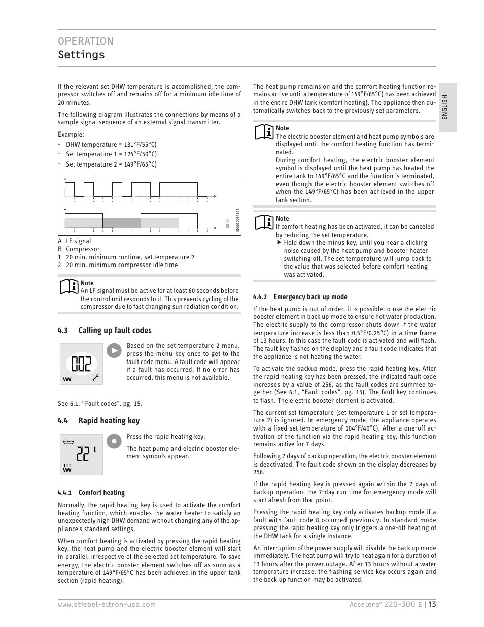 Operation settings, 3 calling up fault codes, 4 rapid heating key | STIEBEL ELTRON Accelera 300 E User Manual | Page 13 / 92