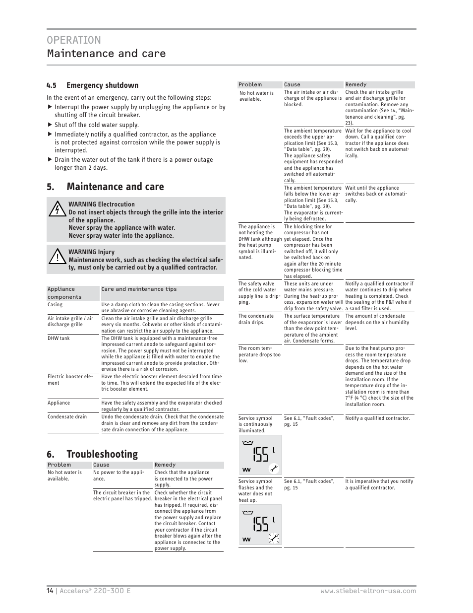 Operation maintenance and care, Maintenance and care, Troubleshooting | 5 emergency shutdown | STIEBEL ELTRON Accelera 300 E User Manual | Page 14 / 92