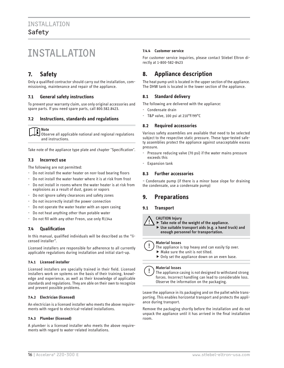 Installation, Installation safety, Safety | Appliance description, Preparations | STIEBEL ELTRON Accelera 300 E User Manual | Page 16 / 92