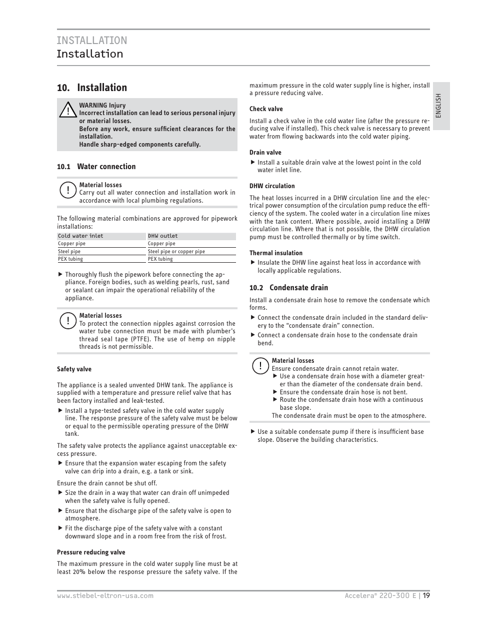 Installation installation 10. installation | STIEBEL ELTRON Accelera 300 E User Manual | Page 19 / 92