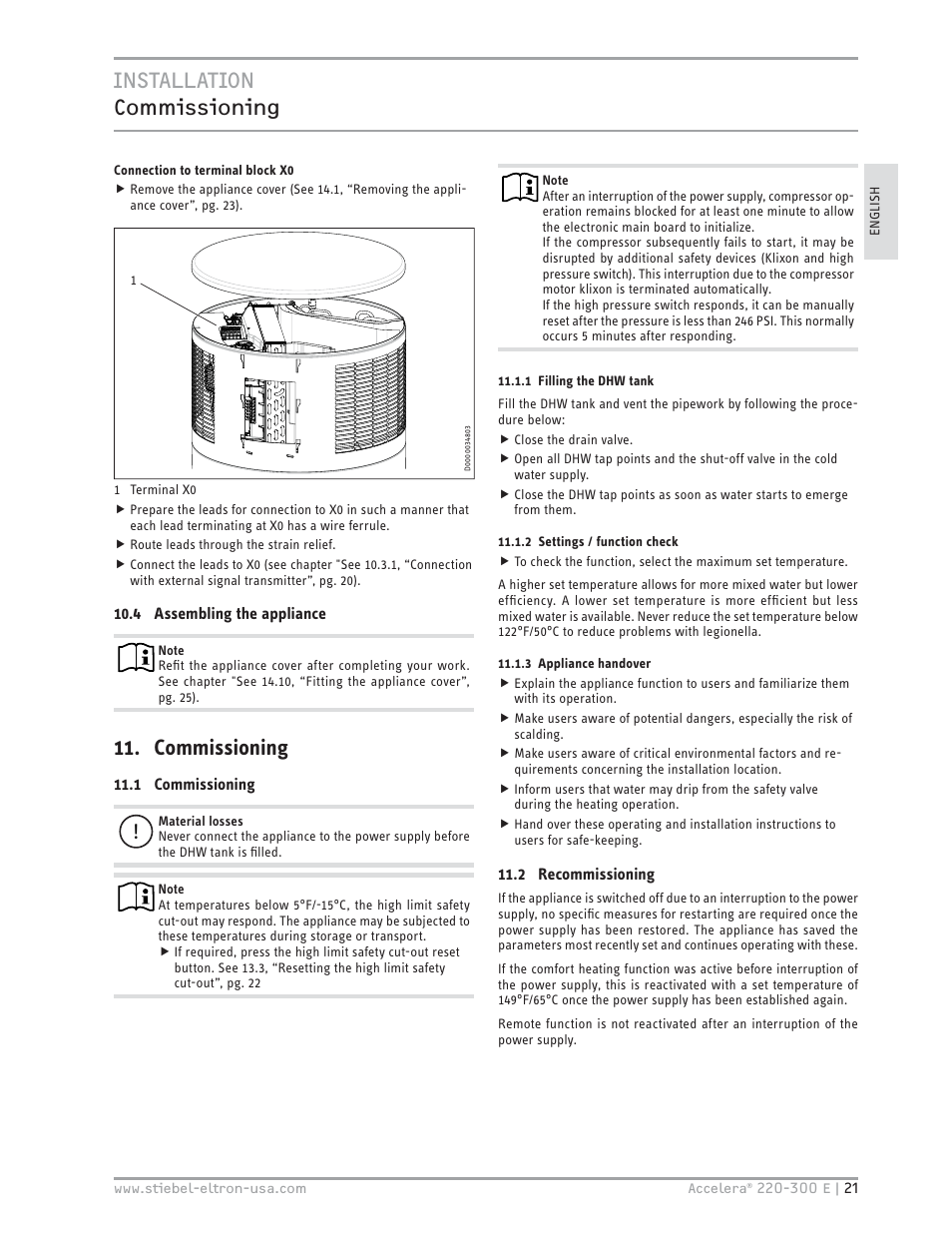 Installation commissioning, Commissioning | STIEBEL ELTRON Accelera 300 E User Manual | Page 21 / 92