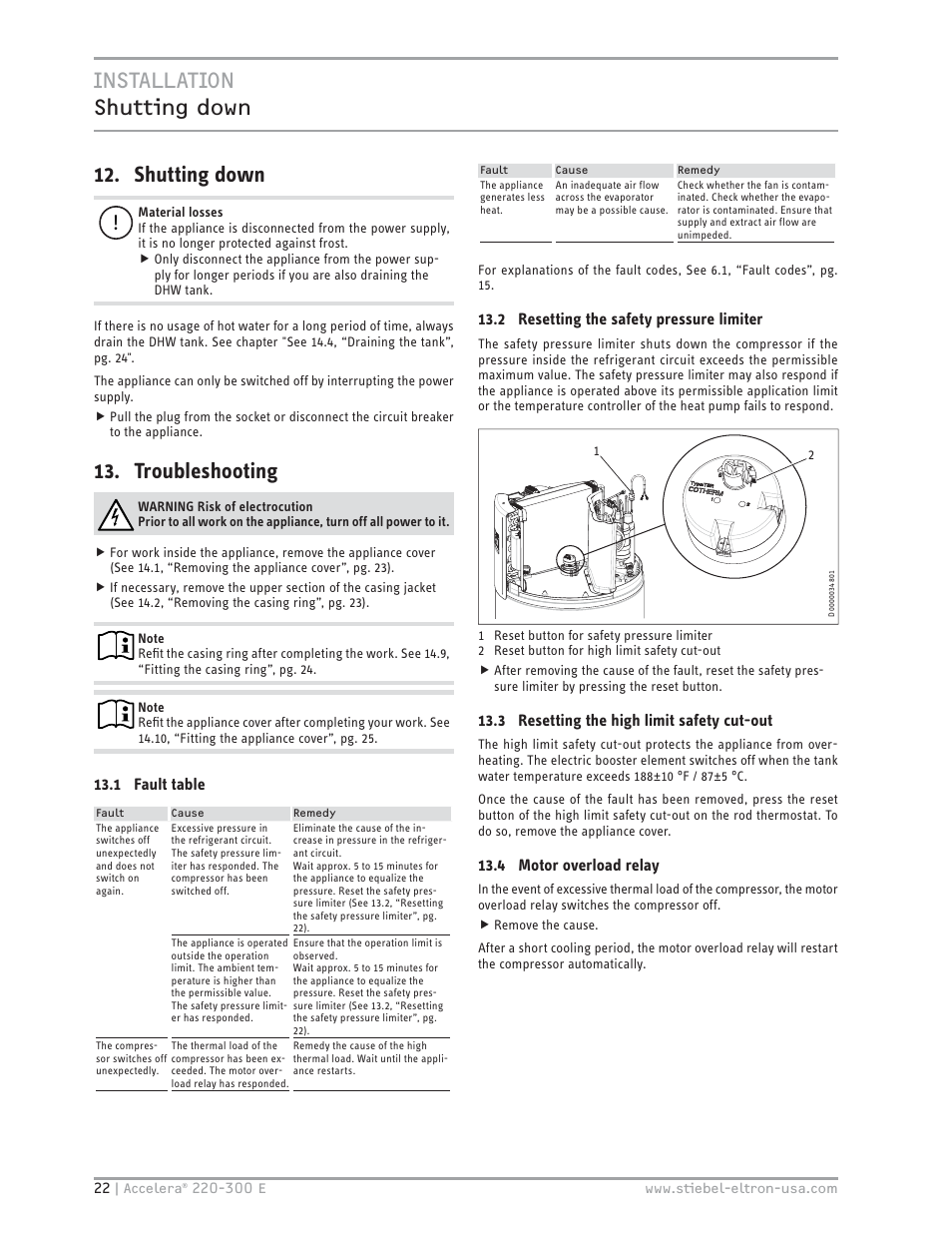 Installation shutting down 12. shutting down, Troubleshooting | STIEBEL ELTRON Accelera 300 E User Manual | Page 22 / 92