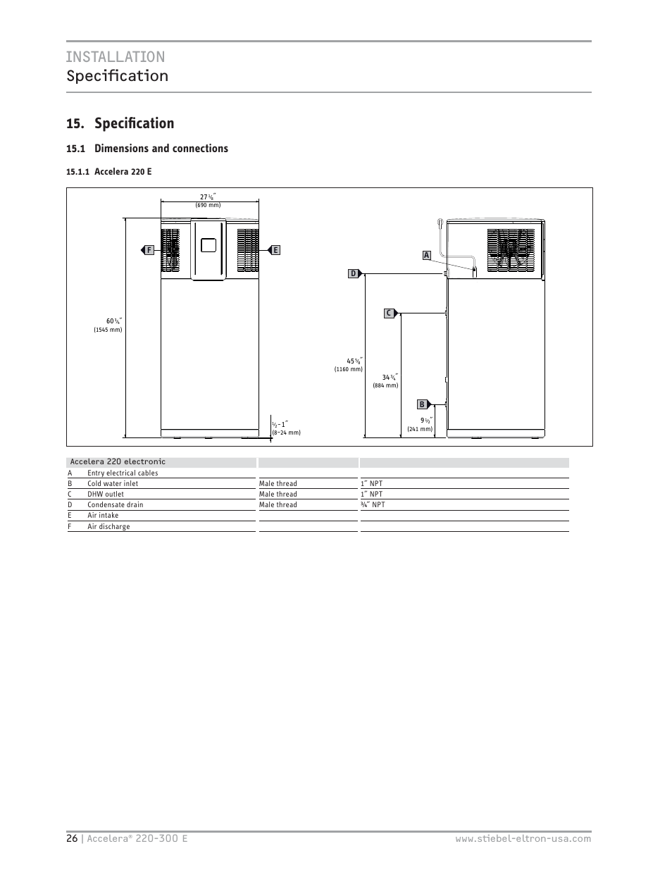 Installation specifi cation 15. speciﬁ cation, 1 dimensions and connections, 1 accelera 220 e | STIEBEL ELTRON Accelera 300 E User Manual | Page 26 / 92