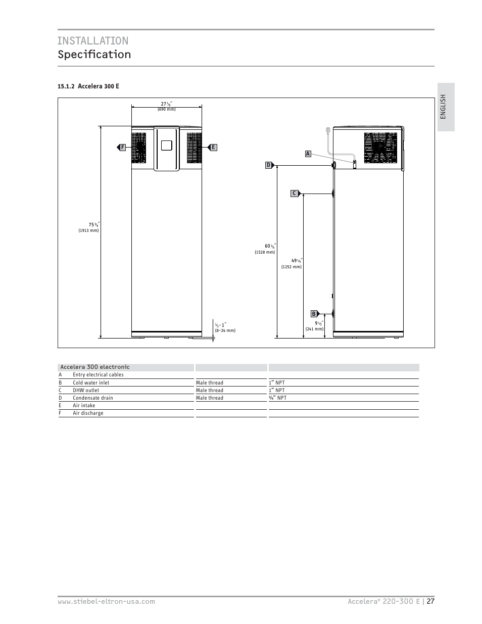 Installation specifi cation, 2 accelera 300 e | STIEBEL ELTRON Accelera 300 E User Manual | Page 27 / 92