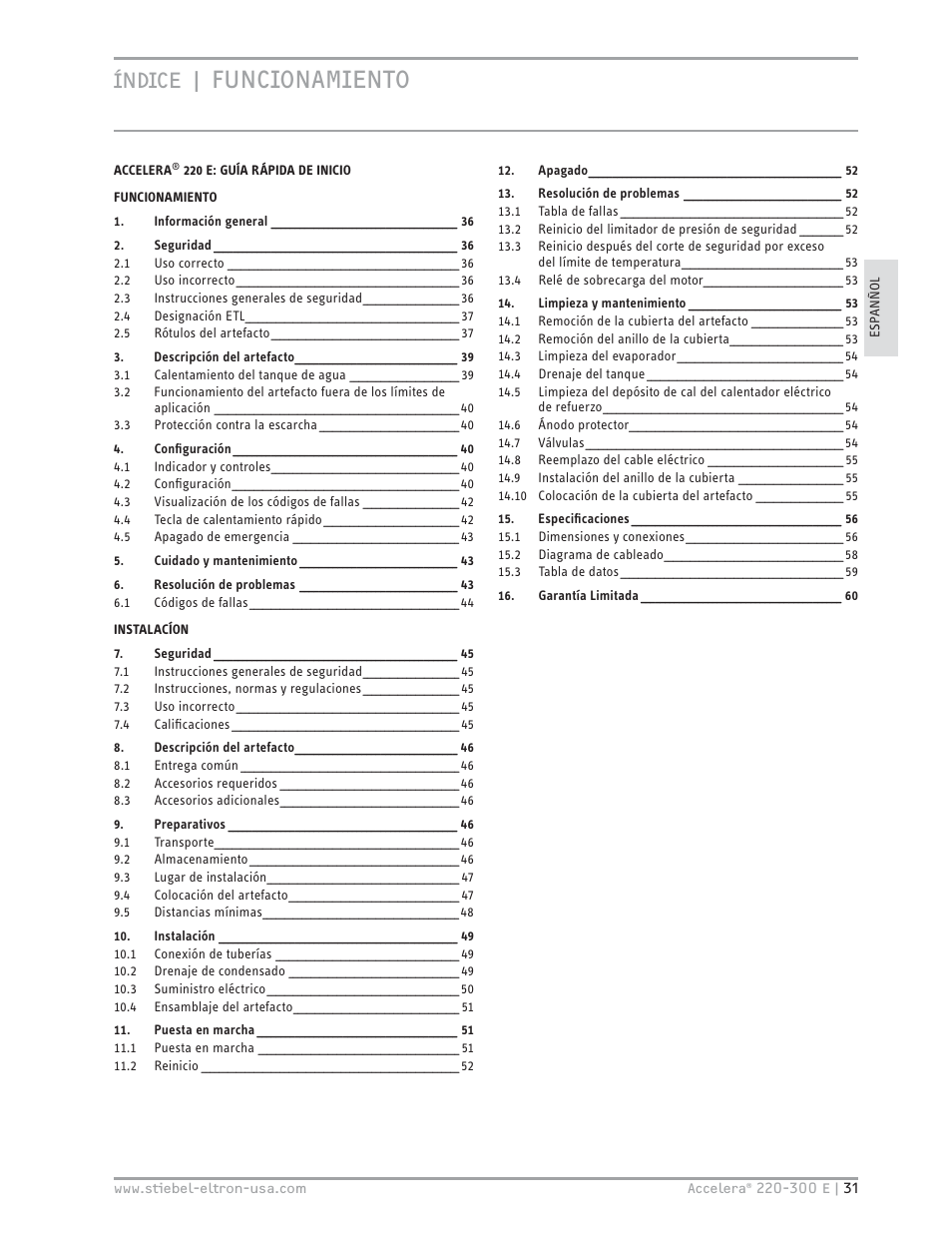 Funcionamiento, Índice | STIEBEL ELTRON Accelera 300 E User Manual | Page 31 / 92