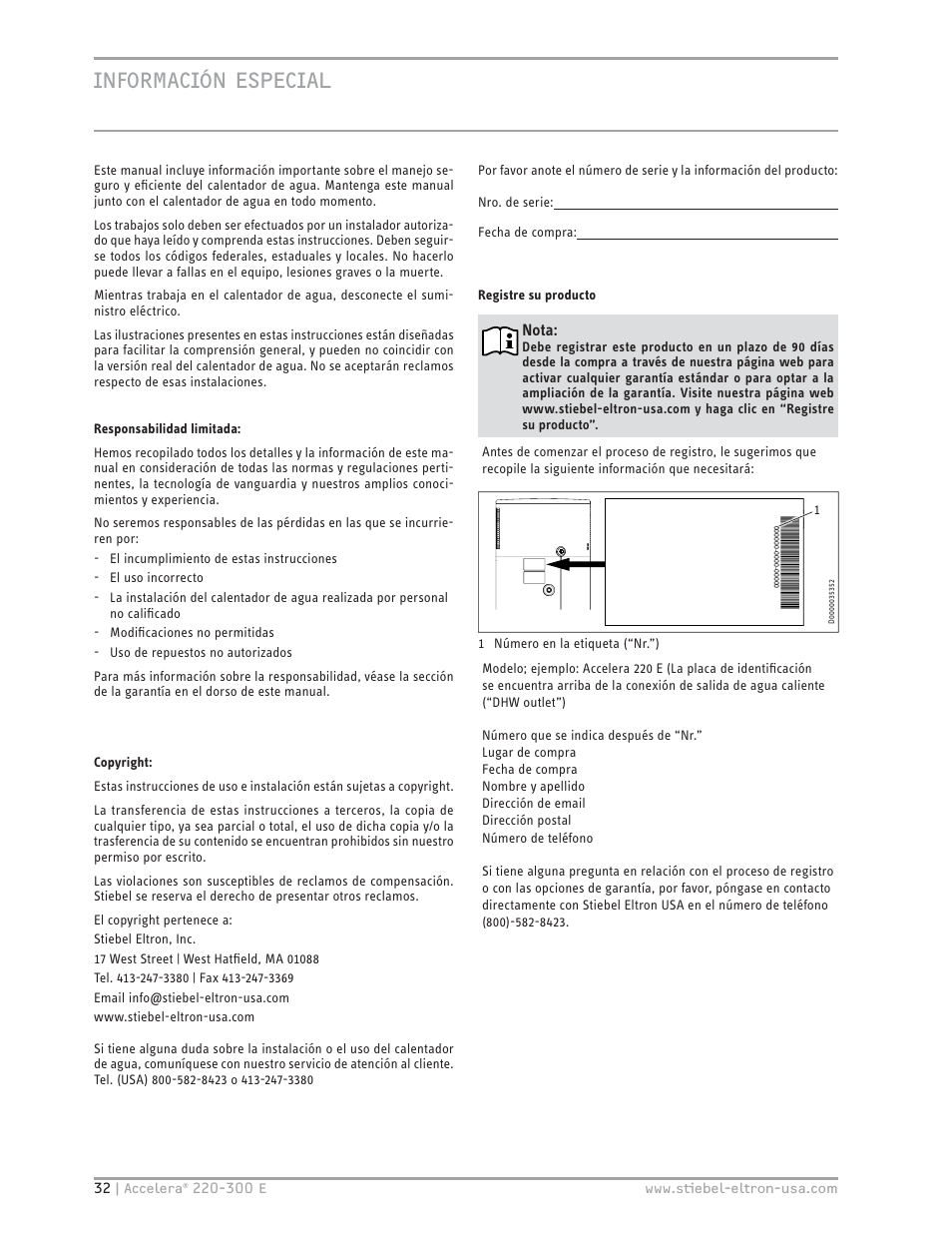 Información especial, Nota | STIEBEL ELTRON Accelera 300 E User Manual | Page 32 / 92