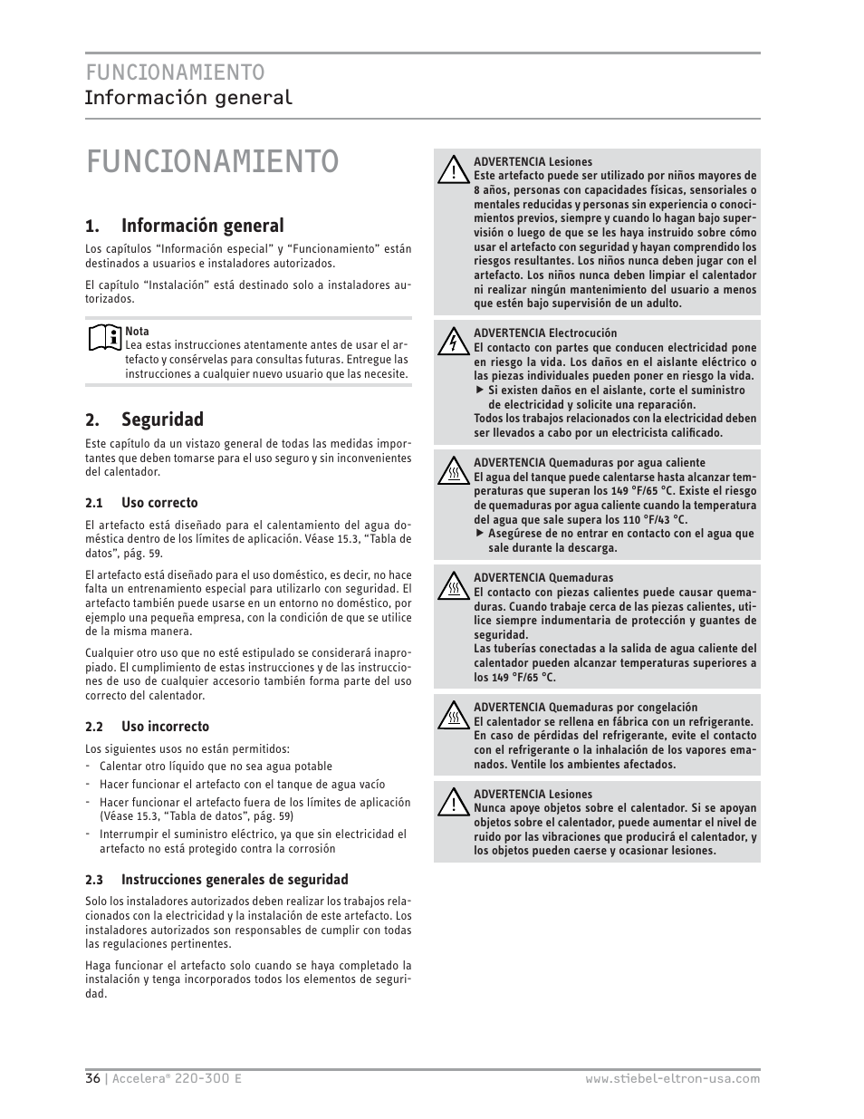 Funcionamiento | STIEBEL ELTRON Accelera 300 E User Manual | Page 36 / 92