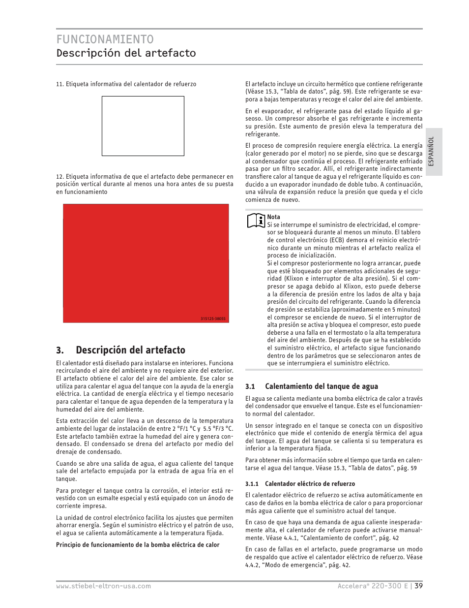 Funcionamiento, Descripción del artefacto | STIEBEL ELTRON Accelera 300 E User Manual | Page 39 / 92