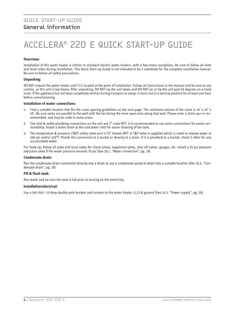 Accelera® 220 e quick start-up guide, Quick start-up guide general information | STIEBEL ELTRON Accelera 300 E User Manual | Page 4 / 92