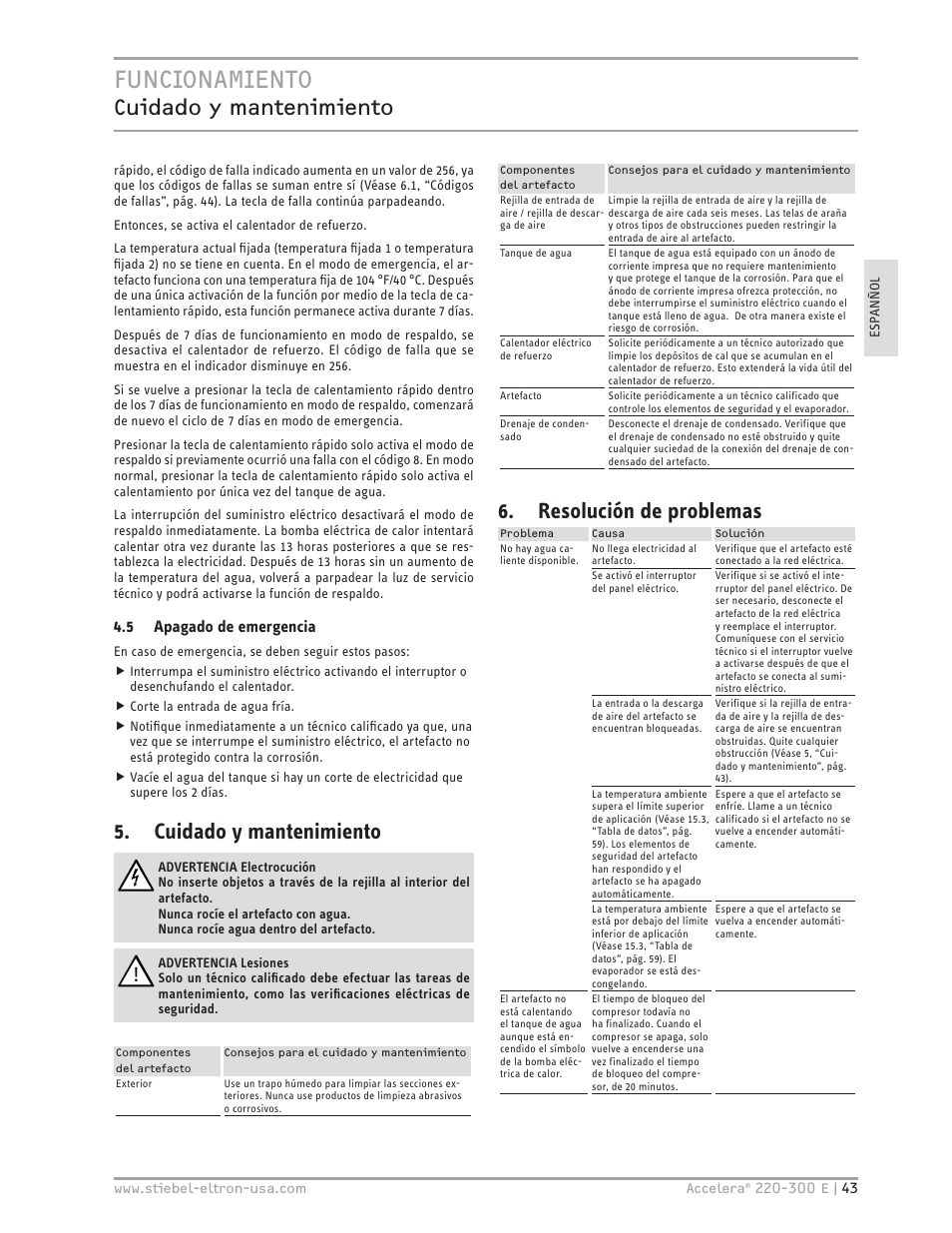 Funcionamiento, Cuidado y mantenimiento, Resolución de problemas | STIEBEL ELTRON Accelera 300 E User Manual | Page 43 / 92