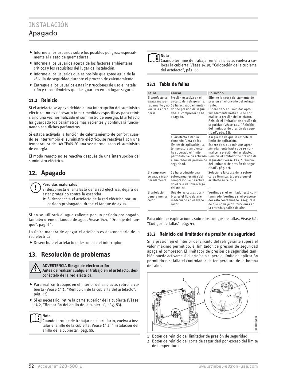 Instalación apagado, Apagado, Resolución de problemas | STIEBEL ELTRON Accelera 300 E User Manual | Page 52 / 92