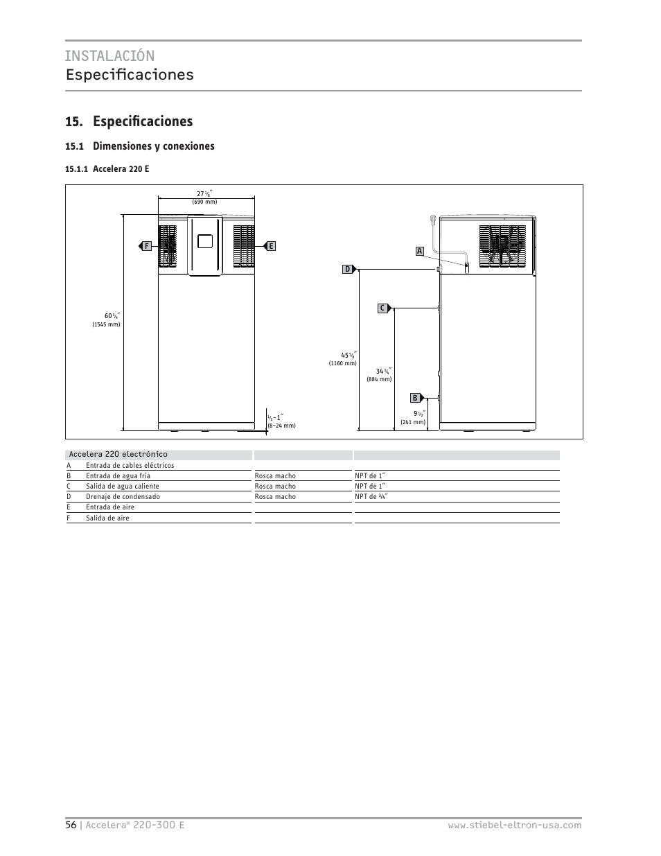 Instalación especifi caciones 15. especiﬁ caciones, 1 dimensiones y conexiones, 1 accelera 220 e | STIEBEL ELTRON Accelera 300 E User Manual | Page 56 / 92