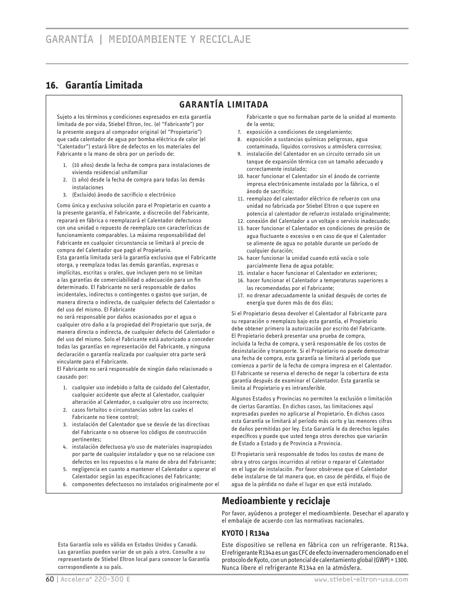 Warranty environment and recycling, Garantía | medioambiente y reciclaje, Garantía limitada | Medioambiente y reciclaje, Gar antía limitada, Kyoto | r134a | STIEBEL ELTRON Accelera 300 E User Manual | Page 60 / 92