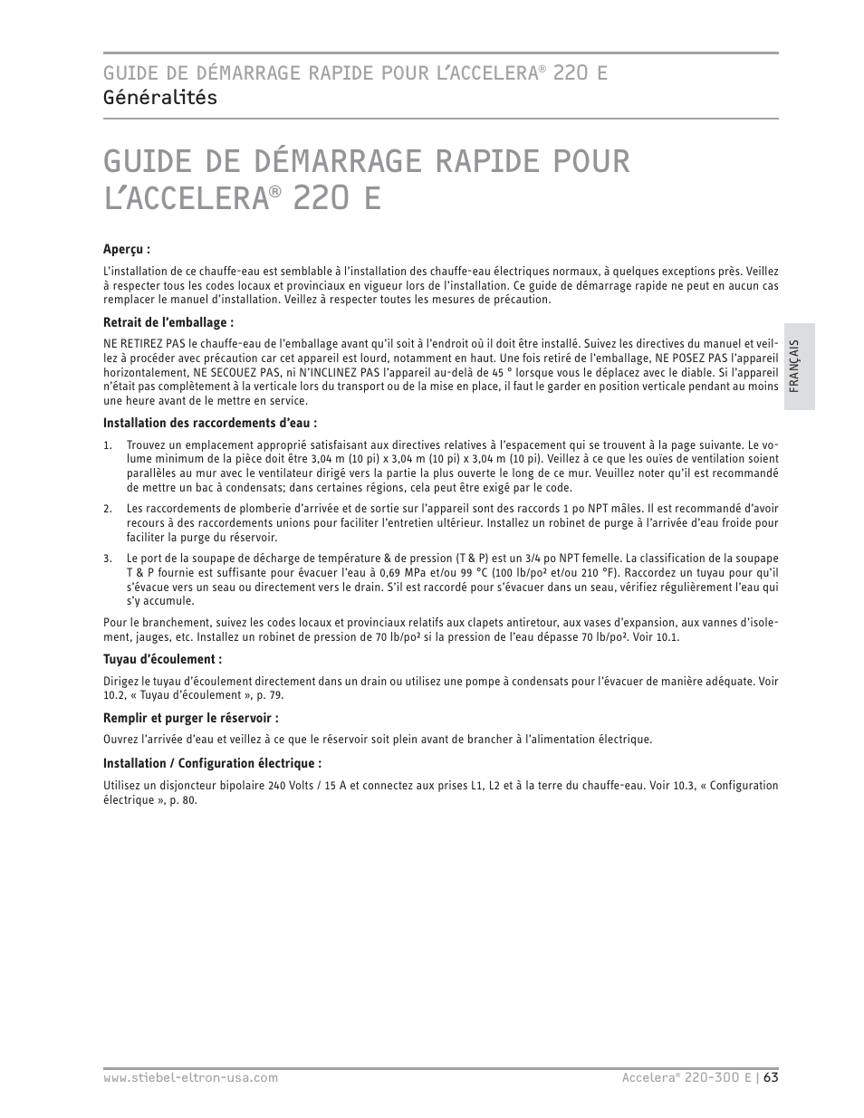 Guide de démarrage rapide pour l’accelera® 220 e | STIEBEL ELTRON Accelera 300 E User Manual | Page 63 / 92