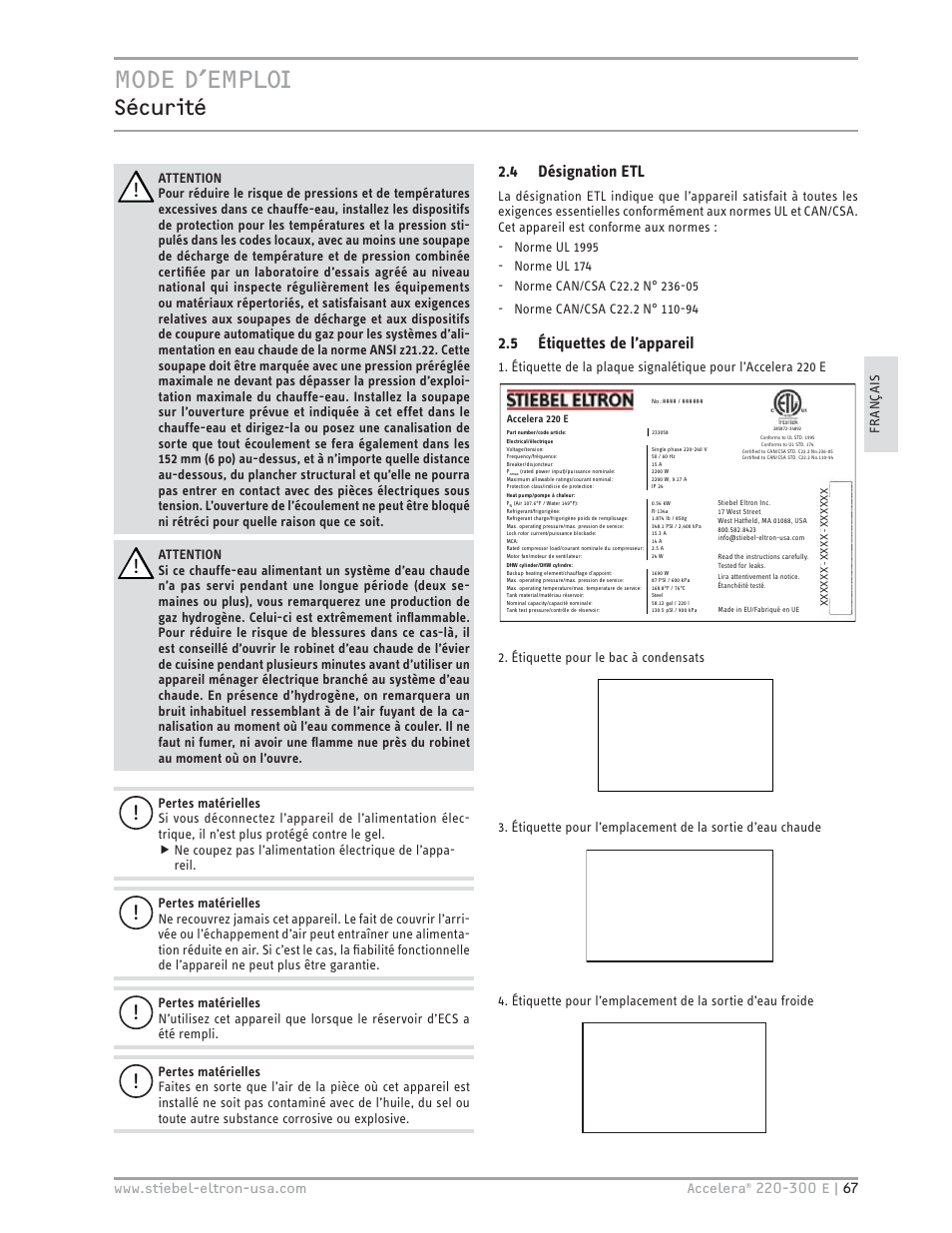 Mode d’emploi, Sécurité, Condensate condenso | Condensat, Hot water outlet, Salida de agua caliente sortie eau chaude, Cold water inlet, Entrada para agua fría entrée eau froide, 4 désignation etl, 5 étiquettes de l’appareil | STIEBEL ELTRON Accelera 300 E User Manual | Page 67 / 92