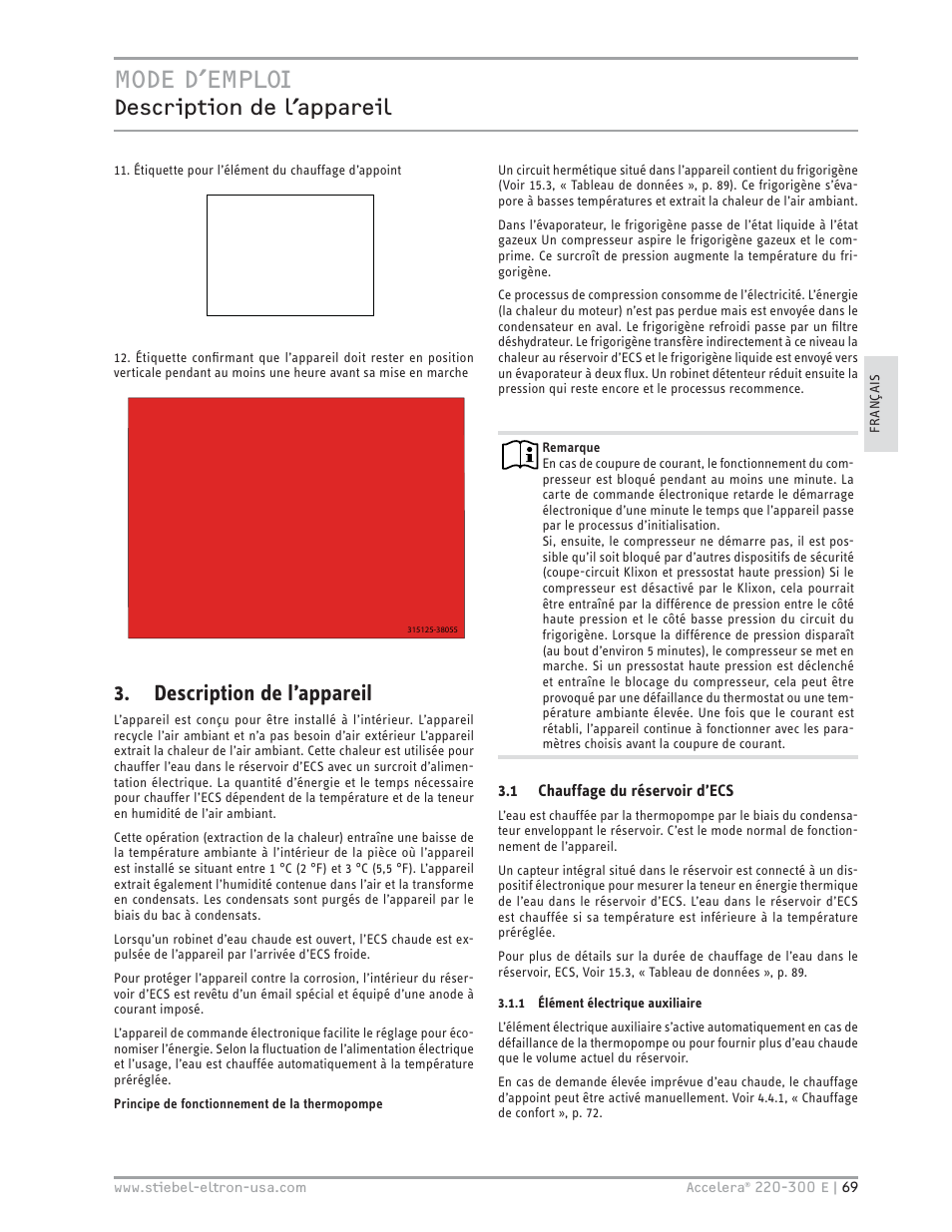 Mode d’emploi, Description de l’appareil | STIEBEL ELTRON Accelera 300 E User Manual | Page 69 / 92