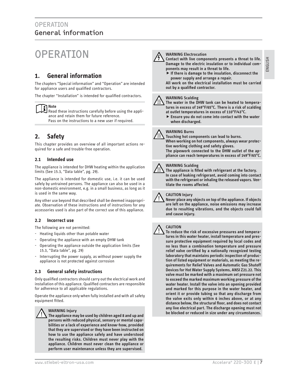 Operation, Operation general information, General information | Safety | STIEBEL ELTRON Accelera 300 E User Manual | Page 7 / 92