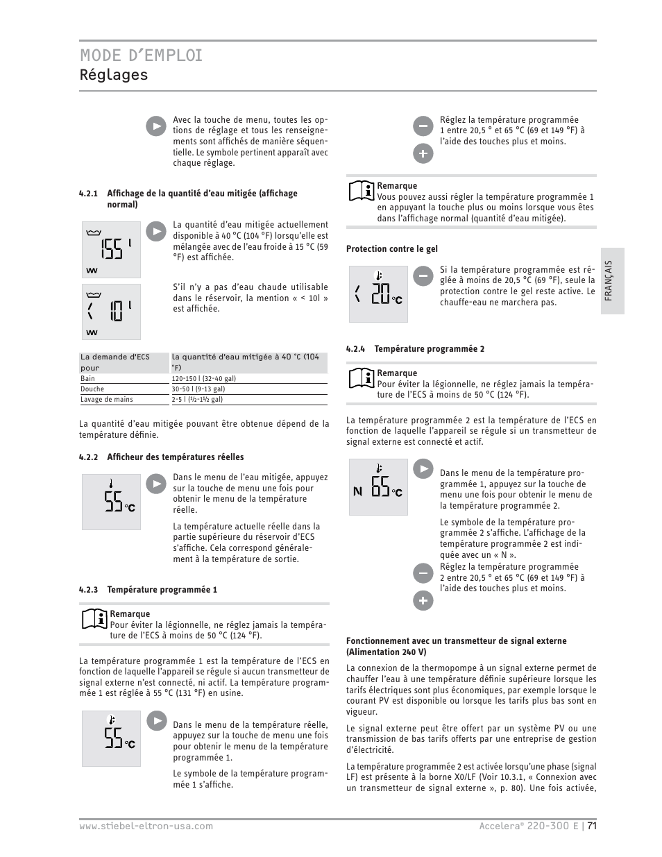 Mode d’emploi, Réglages | STIEBEL ELTRON Accelera 300 E User Manual | Page 71 / 92