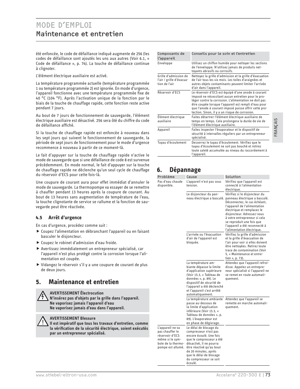 Mode d’emploi, Maintenance et entretien, Dépannage | STIEBEL ELTRON Accelera 300 E User Manual | Page 73 / 92
