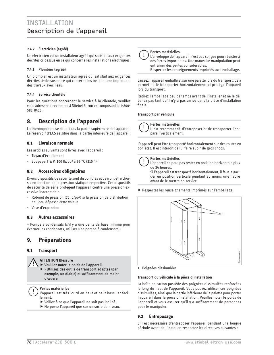 Installation, Description de l’appareil, Préparations | STIEBEL ELTRON Accelera 300 E User Manual | Page 76 / 92