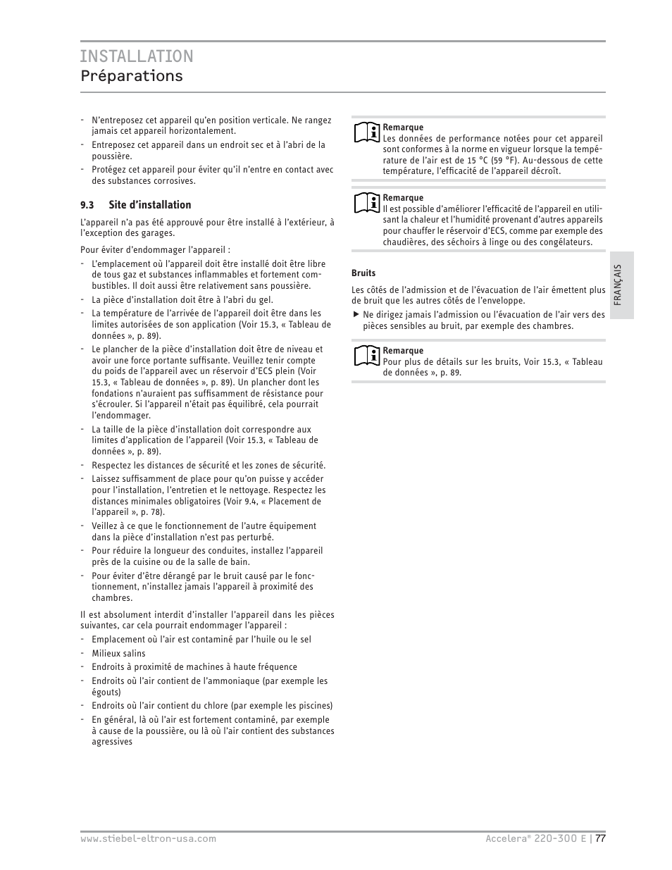 Installation, Préparations | STIEBEL ELTRON Accelera 300 E User Manual | Page 77 / 92