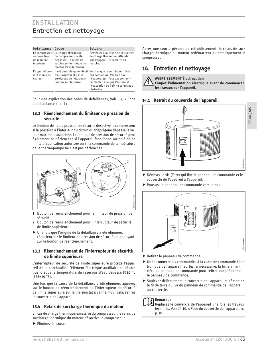 Installation, Entretien et nettoyage | STIEBEL ELTRON Accelera 300 E User Manual | Page 83 / 92