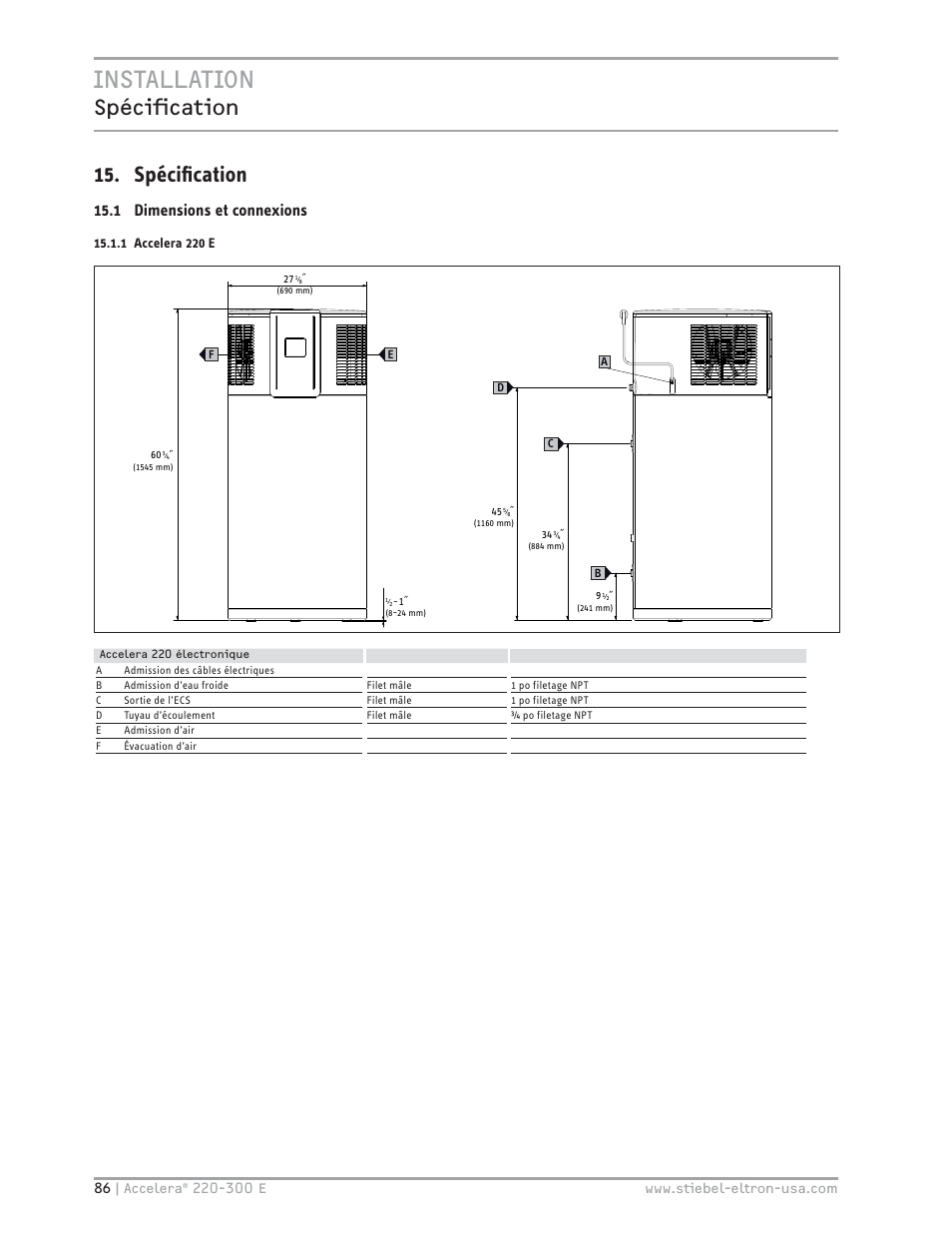 Installation, Spécifi cation 15. spéciﬁ cation, 1 dimensions et connexions | STIEBEL ELTRON Accelera 300 E User Manual | Page 86 / 92