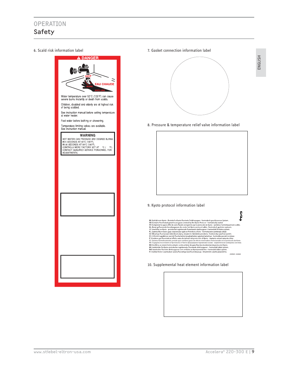 Operation safety, Aqua caliente, Gasket connection information label | Kyoto protocol information label, Supplemental heat element information label | STIEBEL ELTRON Accelera 300 E User Manual | Page 9 / 92