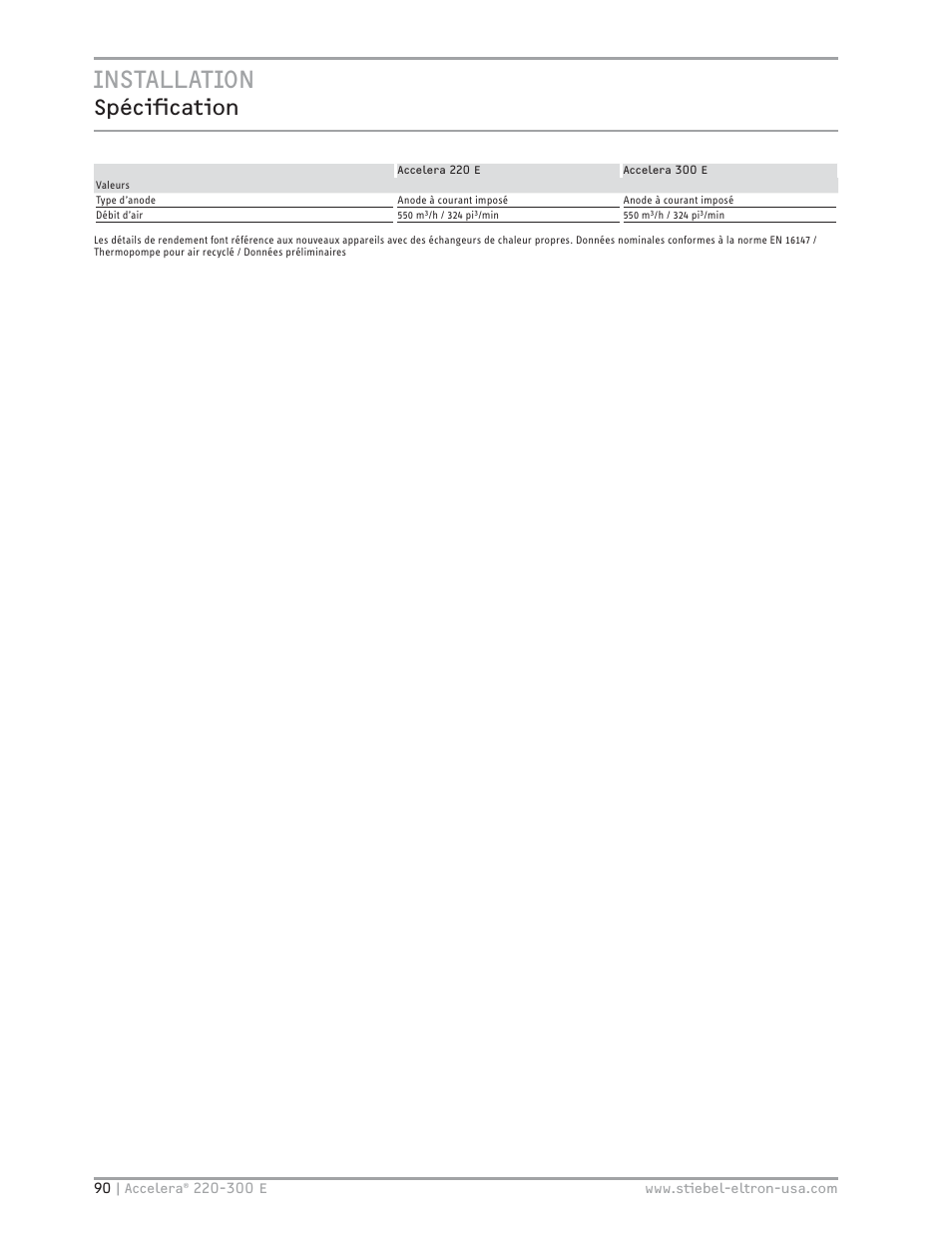 Installation, Spécifi cation | STIEBEL ELTRON Accelera 300 E User Manual | Page 90 / 92