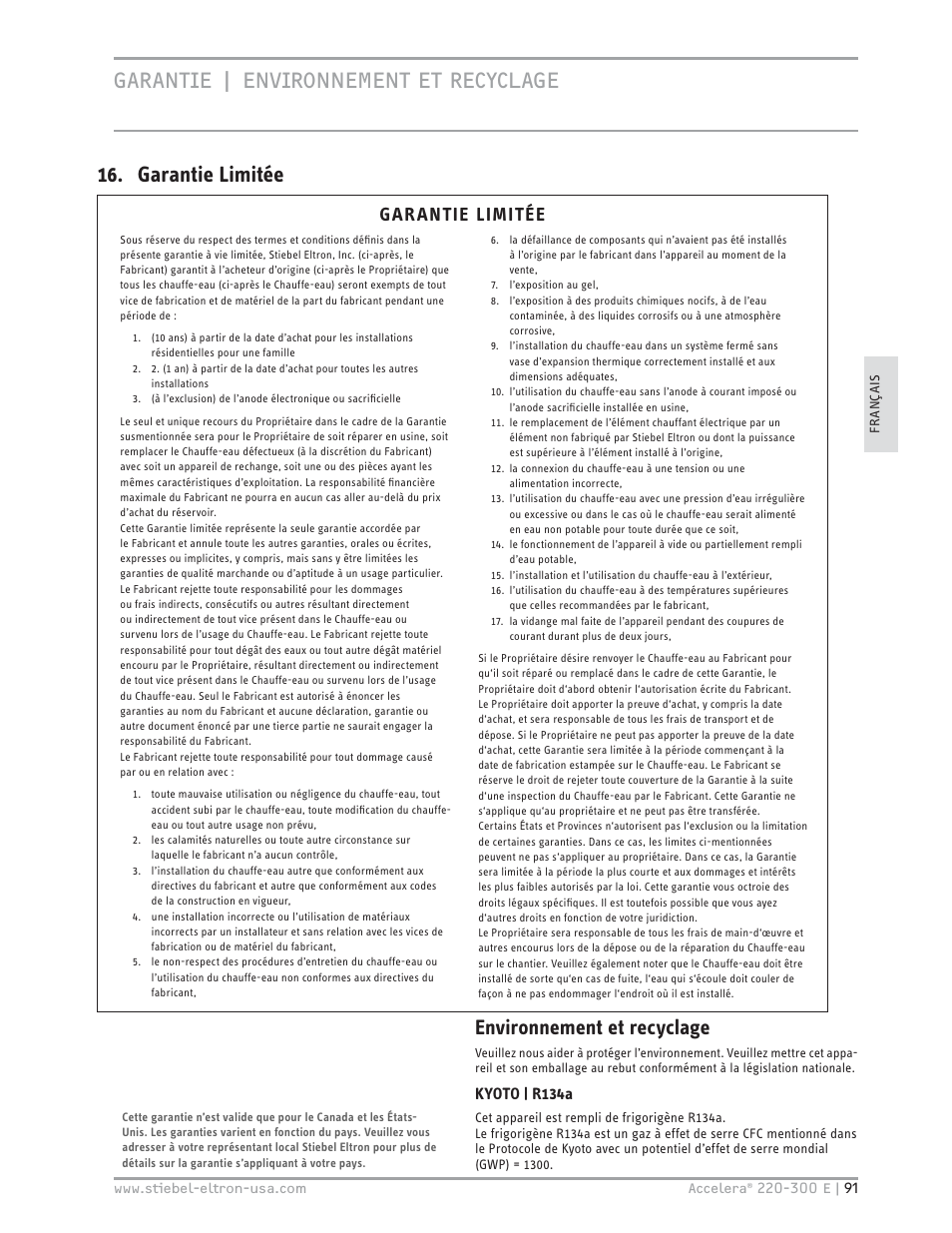 Warranty environment and recycling, Garantie | environnement et recyclage, Garantie limitée | Environnement et recyclage, Gar antie limitée, Kyoto | r134a | STIEBEL ELTRON Accelera 300 E User Manual | Page 91 / 92