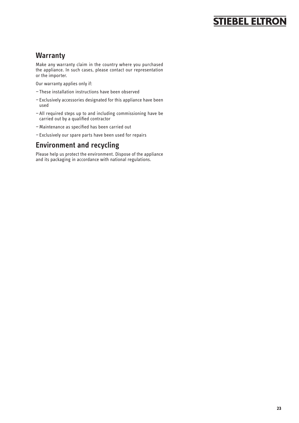 Warranty, Environment and recycling | STIEBEL ELTRON SOM 6 PLUS User Manual | Page 23 / 24