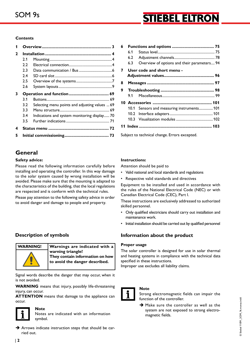 Som 9s, General | STIEBEL ELTRON SOM 9s User Manual | Page 2 / 104