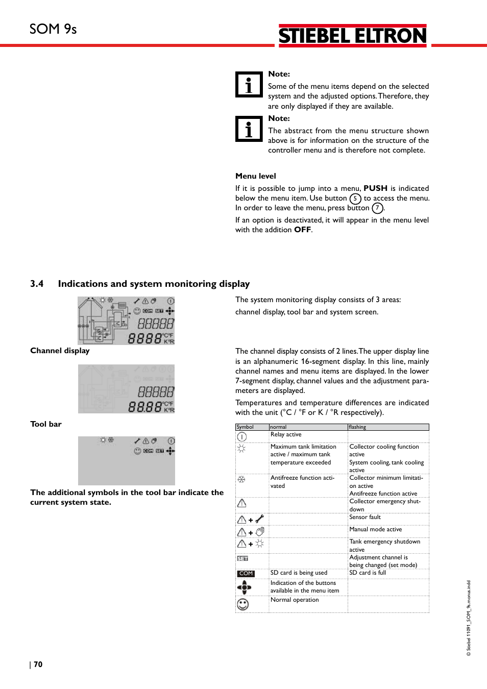 Som 9s, 4 indications and system monitoring display | STIEBEL ELTRON SOM 9s User Manual | Page 70 / 104