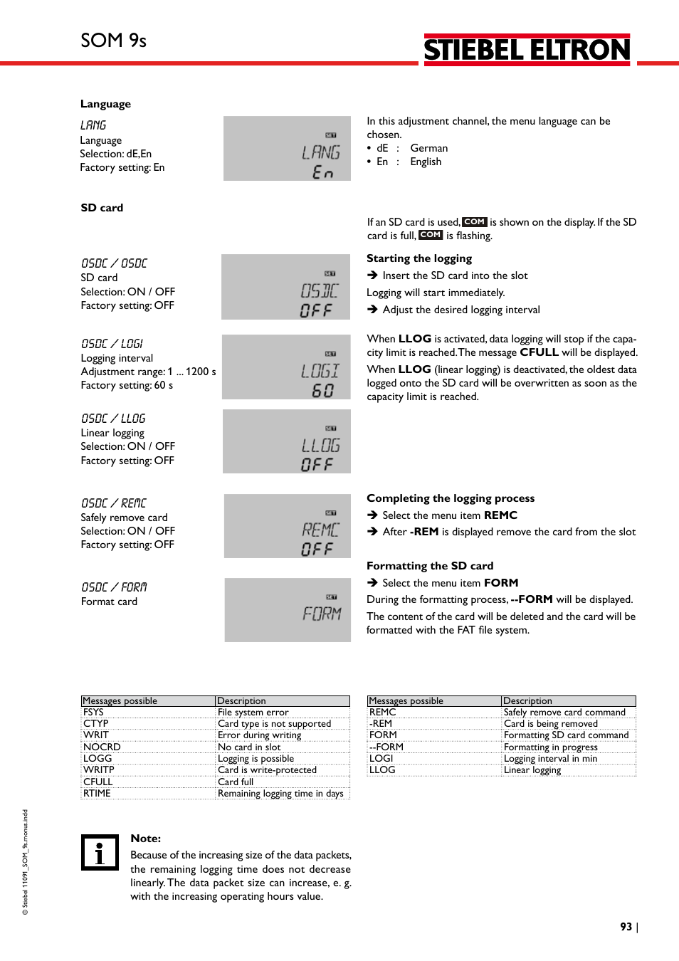 Som 9s, Osdc / form, Osdc / llog | Osdc / remc, Osdc / logi, Lang, Osdc / osdc | STIEBEL ELTRON SOM 9s User Manual | Page 93 / 104