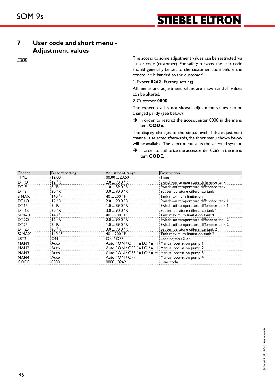 Som 9s, 7user code and short menu - adjustment values, Code | STIEBEL ELTRON SOM 9s User Manual | Page 96 / 104