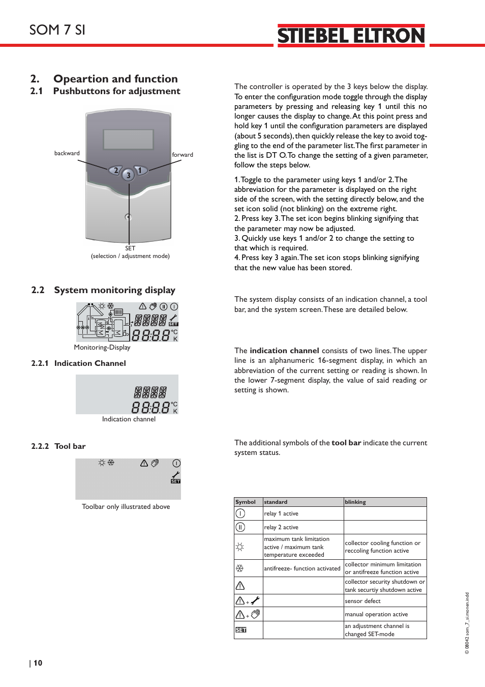 Som 7 si, Opeartion and function, 1 pushbuttons for adjustment | 2 system monitoring display | STIEBEL ELTRON SOM 7 SI User Manual | Page 10 / 28