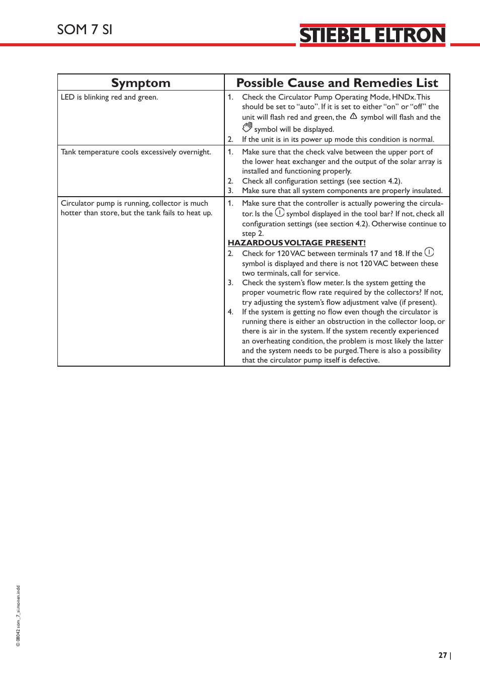 Som 7 si, Symptom possible cause and remedies list | STIEBEL ELTRON SOM 7 SI User Manual | Page 27 / 28