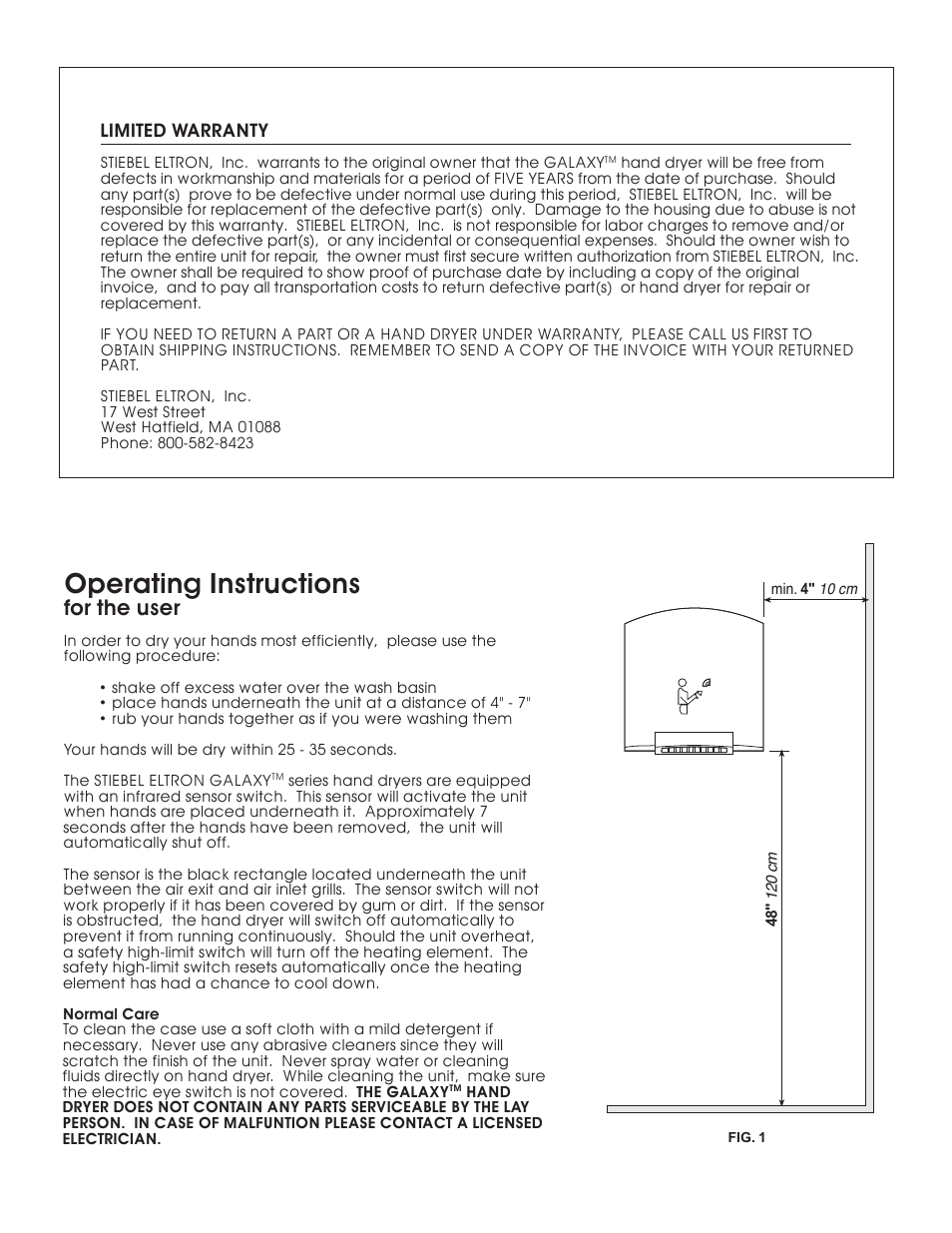 Operating instructions, For the user | STIEBEL ELTRON GALAXYTM Series Automatic Hand Dryer User Manual | Page 2 / 5