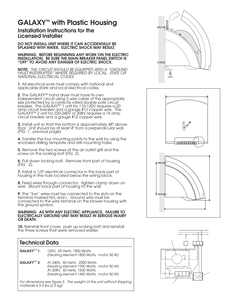 Galaxy with plastic housing, Technical data | STIEBEL ELTRON GALAXYTM Series Automatic Hand Dryer User Manual | Page 3 / 5