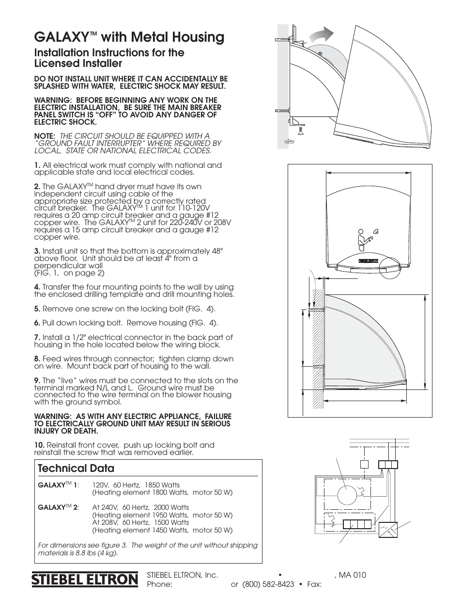 Galaxy with metal housing, Technical data | STIEBEL ELTRON GALAXYTM Series Automatic Hand Dryer User Manual | Page 4 / 5