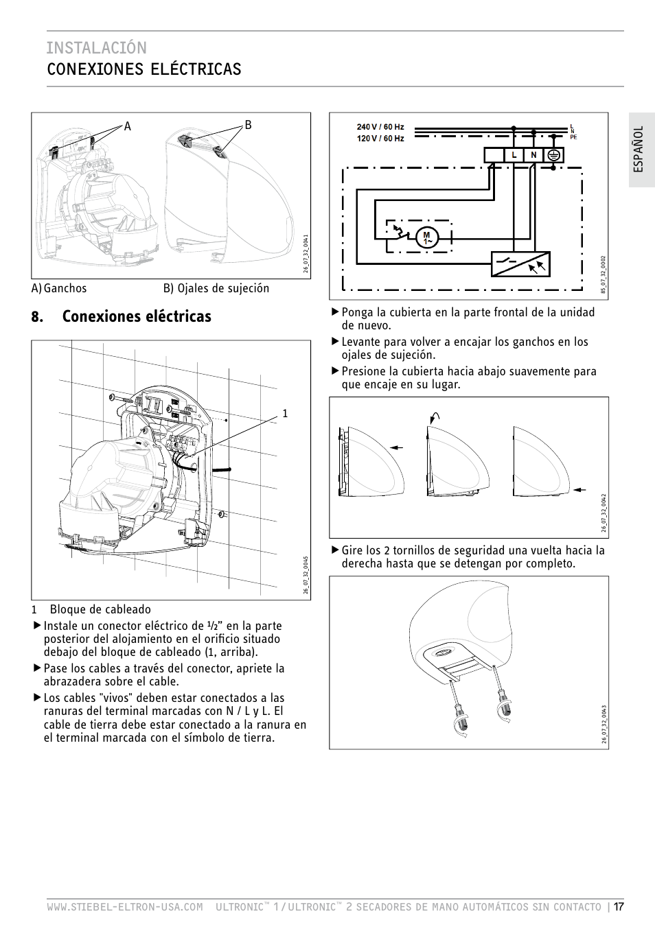 Instalación conexiones eléctricas, Conexiones eléctricas, Esp a ñol | Ab a) ganchos b) ojales de sujeción | STIEBEL ELTRON ULTRONIC 2 W User Manual | Page 17 / 31