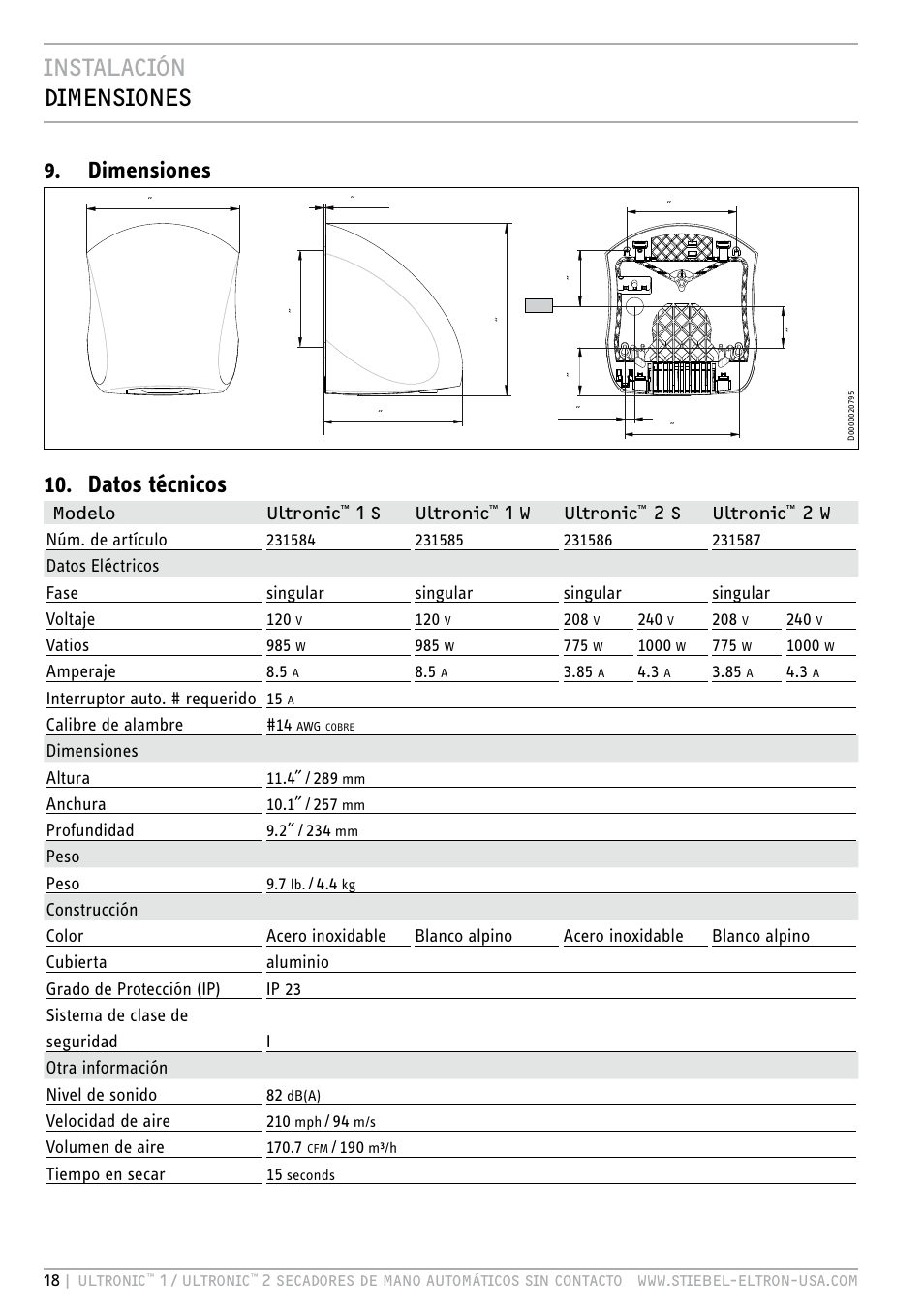 Instalación dimensiones 9. dimensiones, Datos técnicos, Modelo ultronic | 1 s ultronic, 1 w ultronic, 2 s ultronic, Vatios 985, Amperaje 8.5, Interruptor auto. # requerido 15, Calibre de alambre #14 | STIEBEL ELTRON ULTRONIC 2 W User Manual | Page 18 / 31