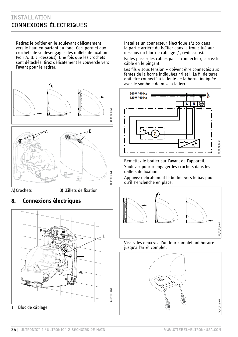 Installation connexions électriques, Connexions électriques, Ab a) crochets b) œillets de ﬁ xation | STIEBEL ELTRON ULTRONIC 2 W User Manual | Page 26 / 31